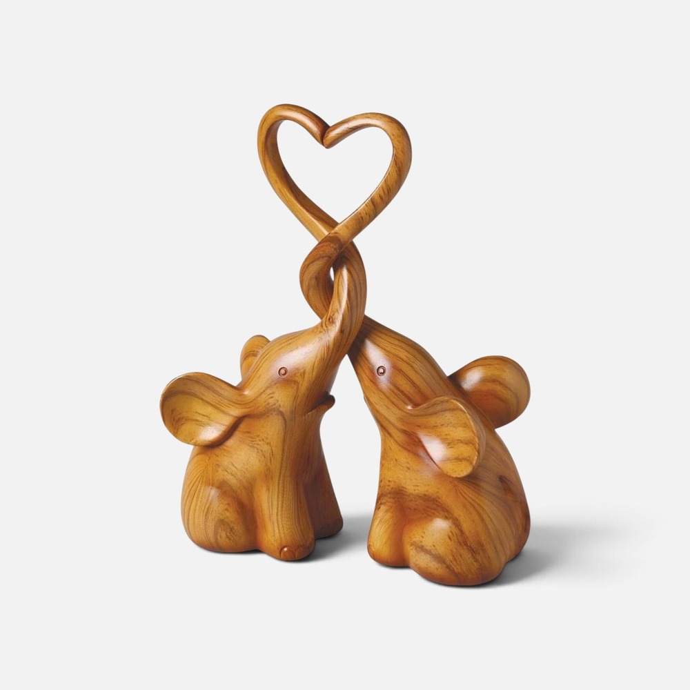 Two Piece Loving Elephant Figurines Animal Sculpture Set Heart Decor Brown Resin